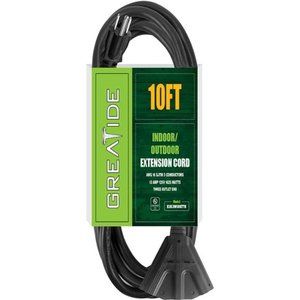 10 Ft Outdoor Extension Cord with 3 Electrical Outlets - 16/3 SJTW Black Cable